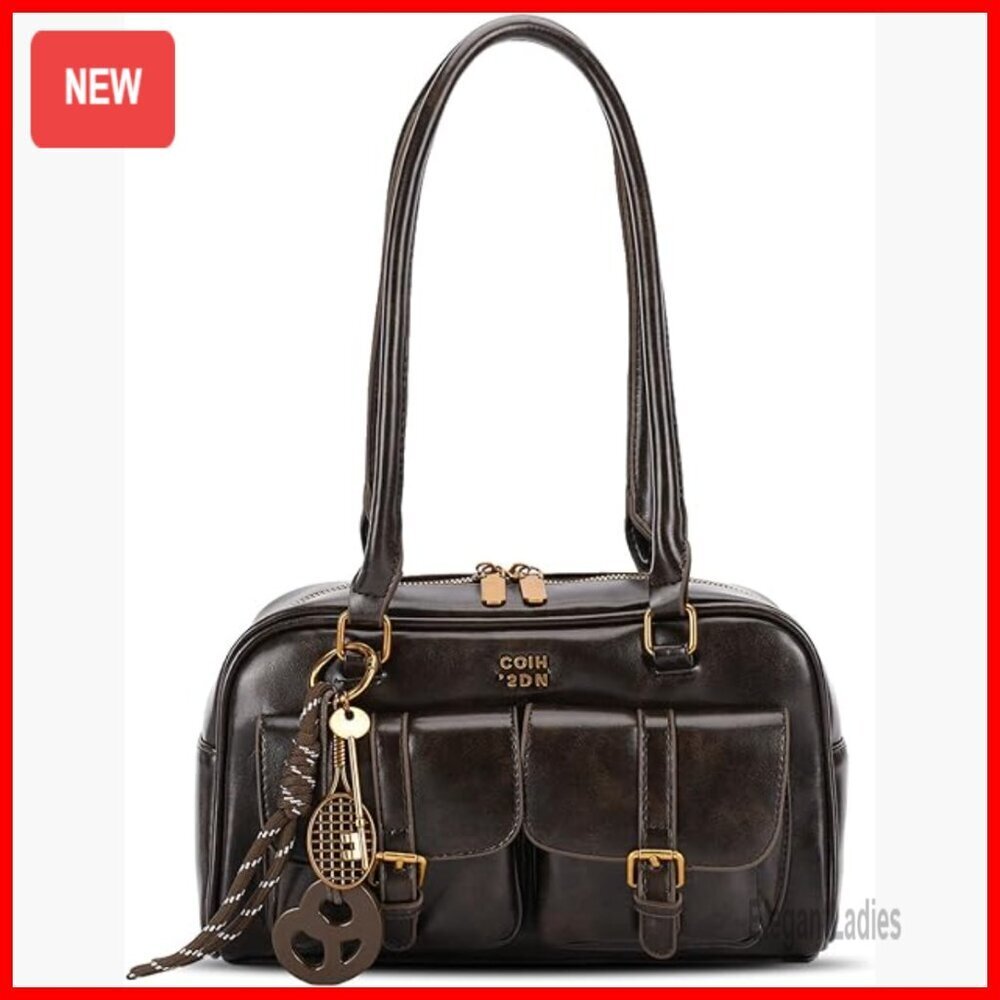 Retro Y2K Shoulder Bag with Multiple Pockets, PU Leather, Top Handle